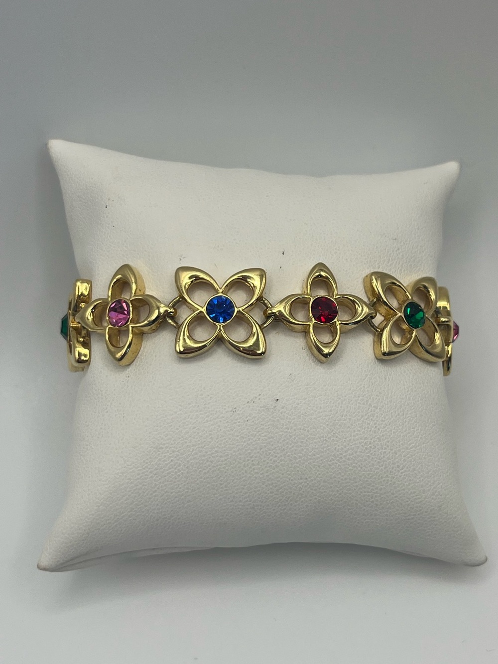 Multicolor Rhinestone Floral Link Bracelet - Gold Tone